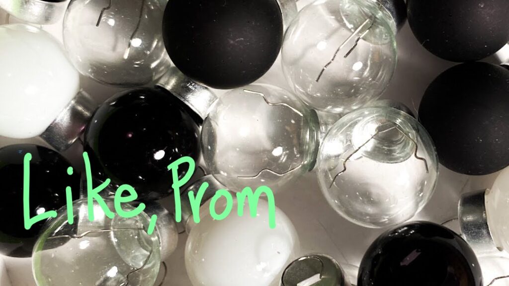Like, Prom text on image of glass balls